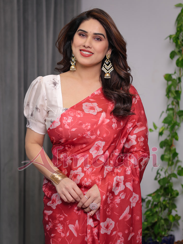 Red Satin Georgette Floral Printed Saree with Attached Blouse – Elegant Soft-Flow Designer Saree for Parties & Festive Wear