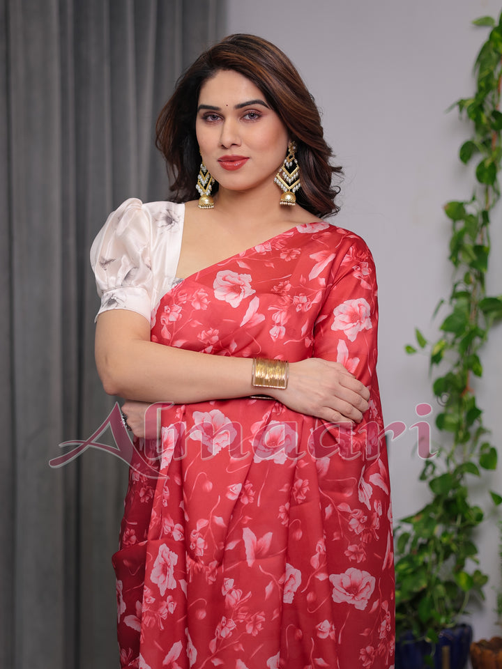 Red Satin Georgette Floral Printed Saree with Attached Blouse – Elegant Soft-Flow Designer Saree for Parties & Festive Wear