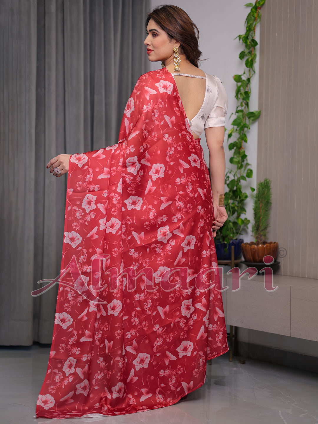 Red Satin Georgette Floral Printed Saree with Attached Blouse – Elegant Soft-Flow Designer Saree for Parties & Festive Wear