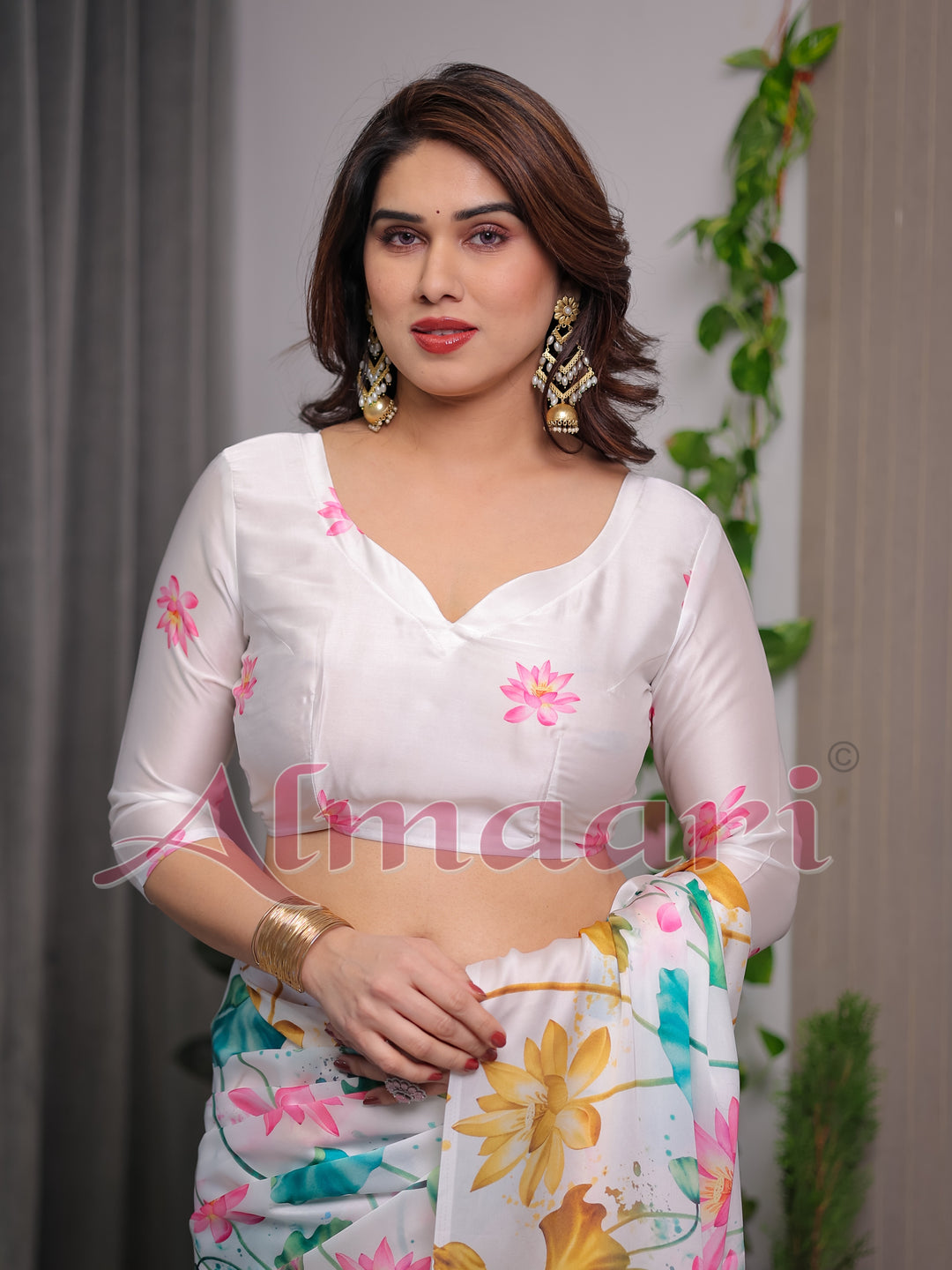 White Satin Georgette Lotus Floral Printed Saree with Attached Blouse – Elegant Watercolor Designer Saree for Festive & Graceful Occasions