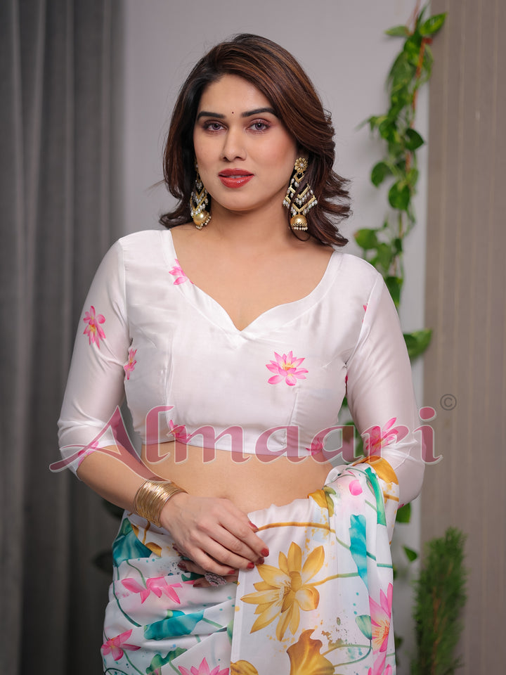 White Satin Georgette Lotus Floral Printed Saree with Attached Blouse – Elegant Watercolor Designer Saree for Festive & Graceful Occasions