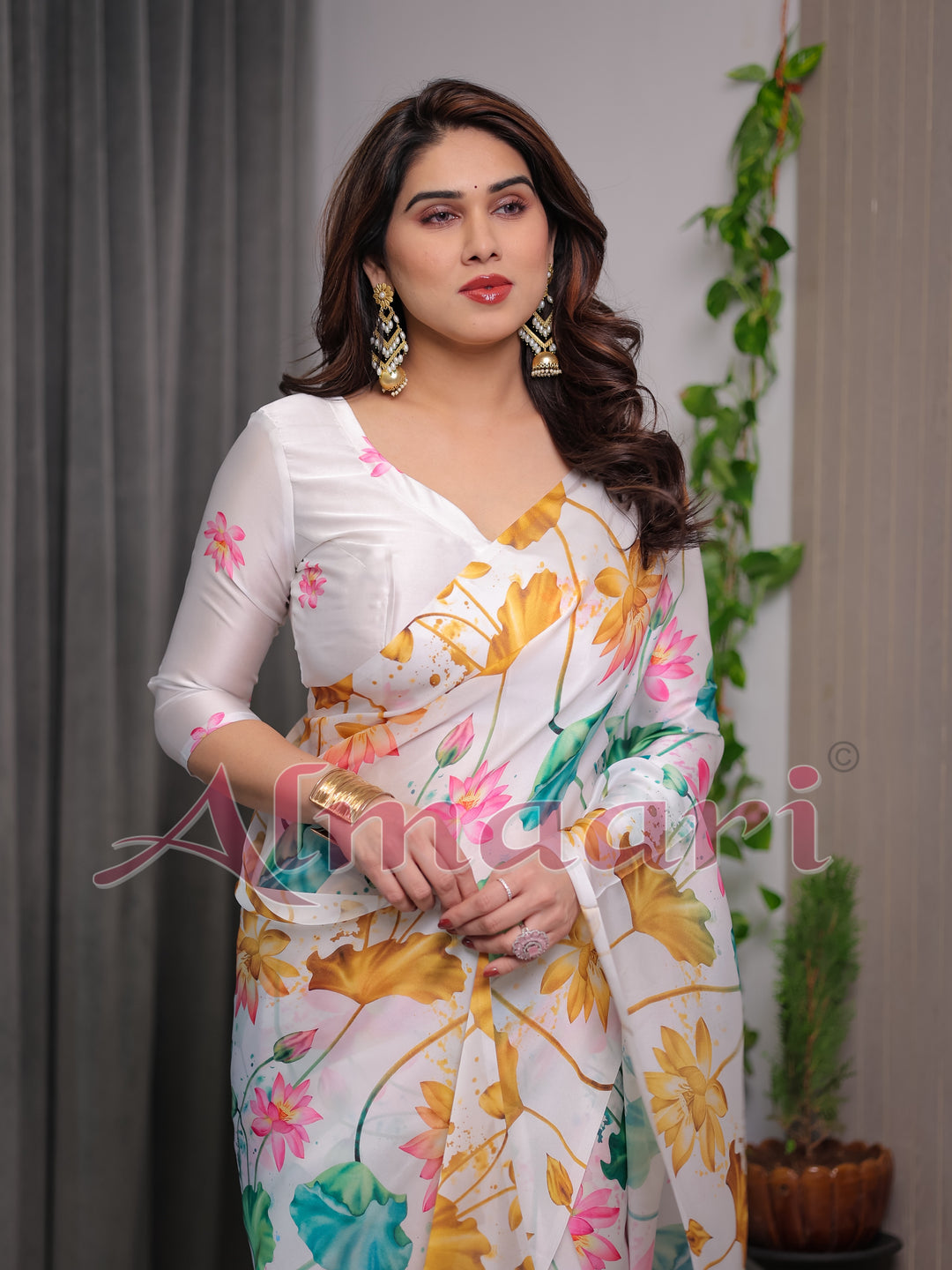 White Satin Georgette Lotus Floral Printed Saree with Attached Blouse – Elegant Watercolor Designer Saree for Festive & Graceful Occasions