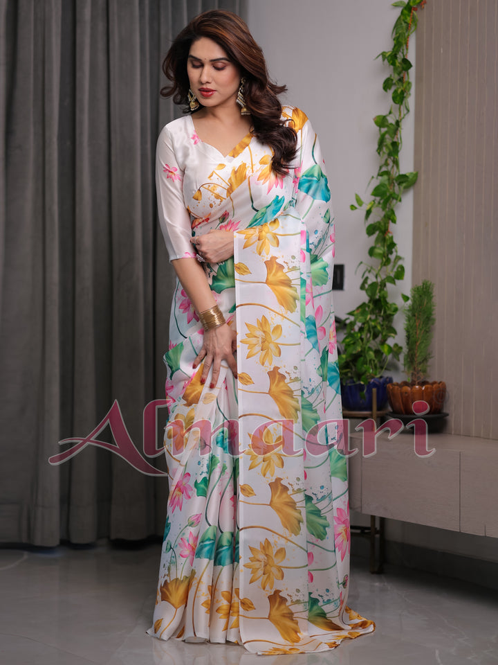 White Satin Georgette Lotus Floral Printed Saree with Attached Blouse – Elegant Watercolor Designer Saree for Festive & Graceful Occasions