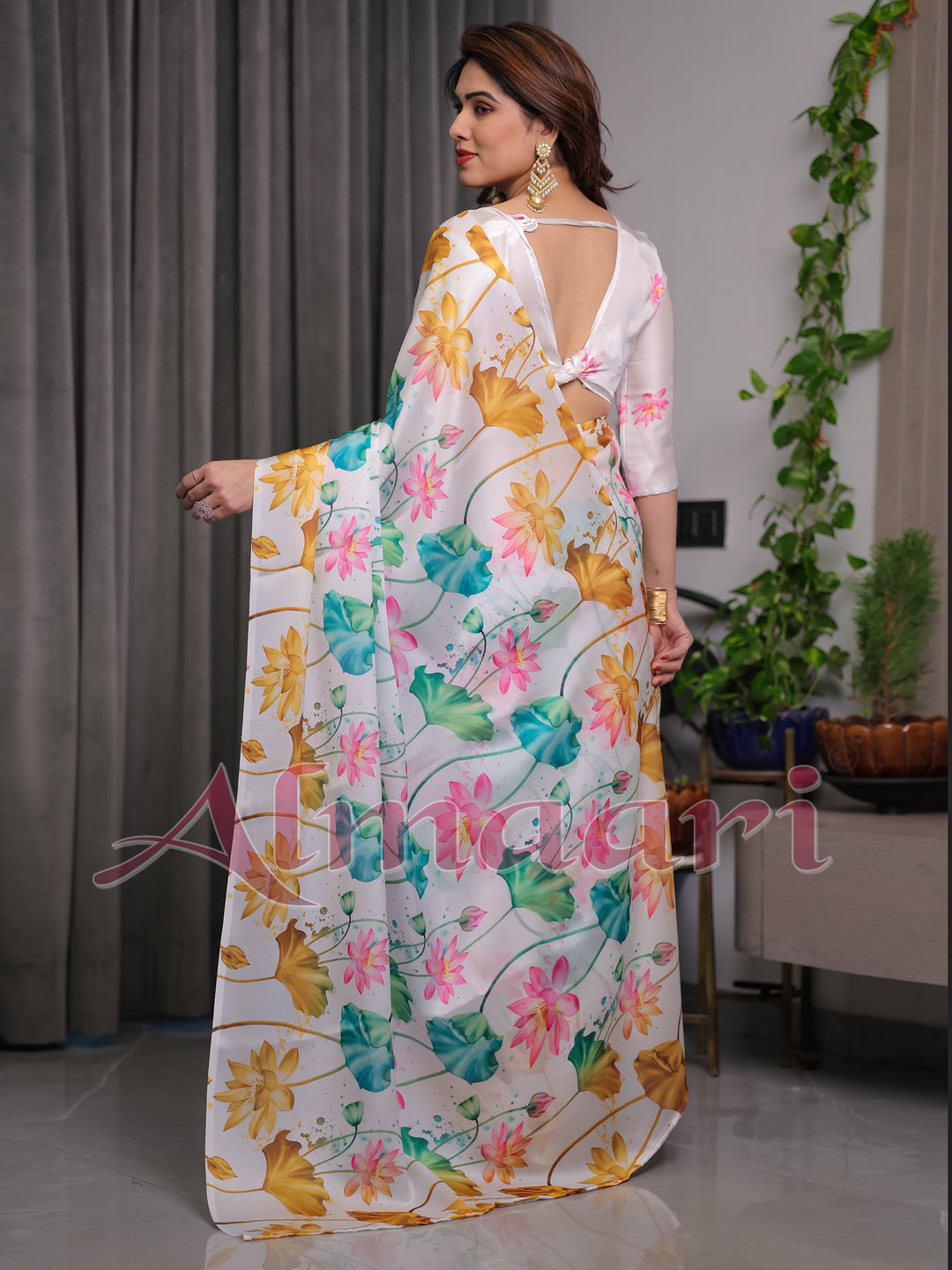 White Satin Georgette Lotus Floral Printed Saree with Attached Blouse – Elegant Watercolor Designer Saree for Festive & Graceful Occasions