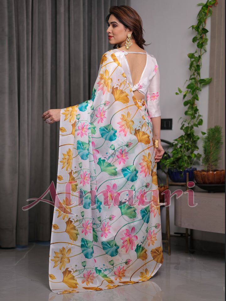 White Satin Georgette Lotus Floral Printed Saree with Attached Blouse – Elegant Watercolor Designer Saree for Festive & Graceful Occasions