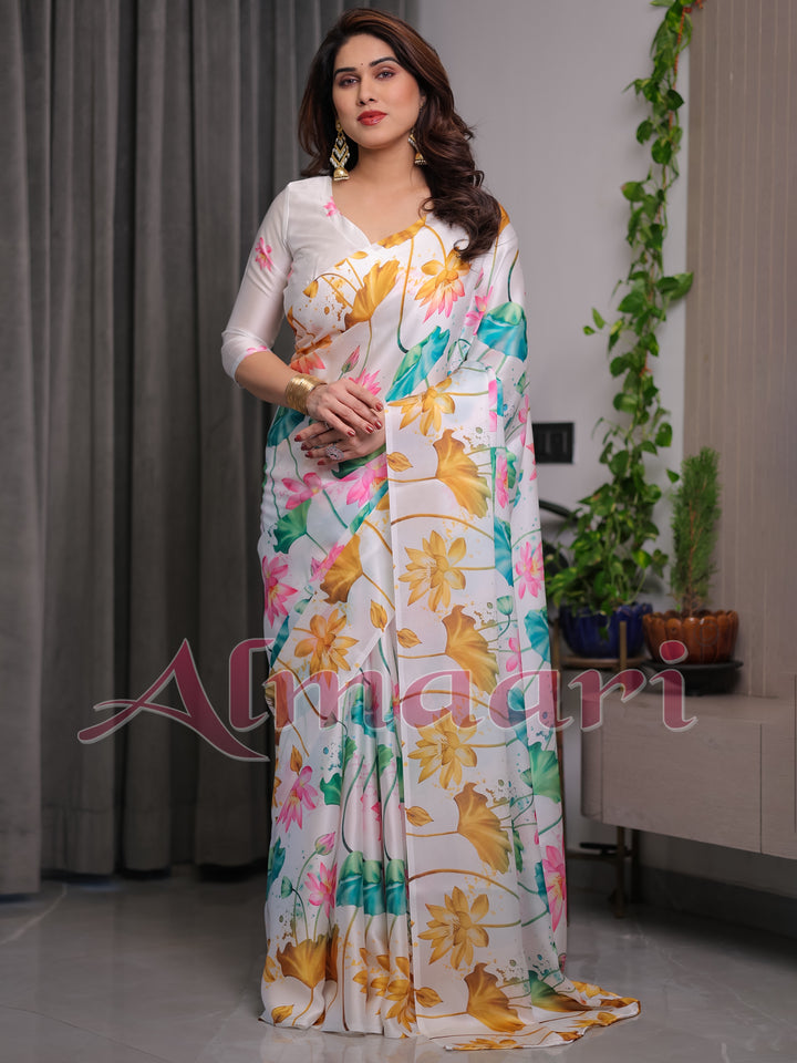 White Satin Georgette Lotus Floral Printed Saree with Attached Blouse – Elegant Watercolor Designer Saree for Festive & Graceful Occasions