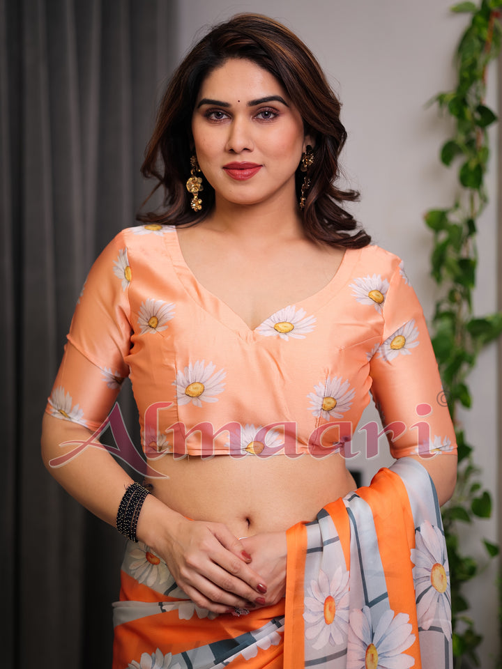Orange Satin Georgette Floral Printed Saree with Attached Blouse – Lightweight Daisy Print Designer Saree for Festive & Casual Elegance