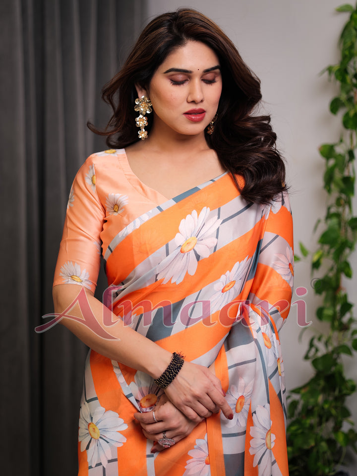 Orange Satin Georgette Floral Printed Saree with Attached Blouse – Lightweight Daisy Print Designer Saree for Festive & Casual Elegance
