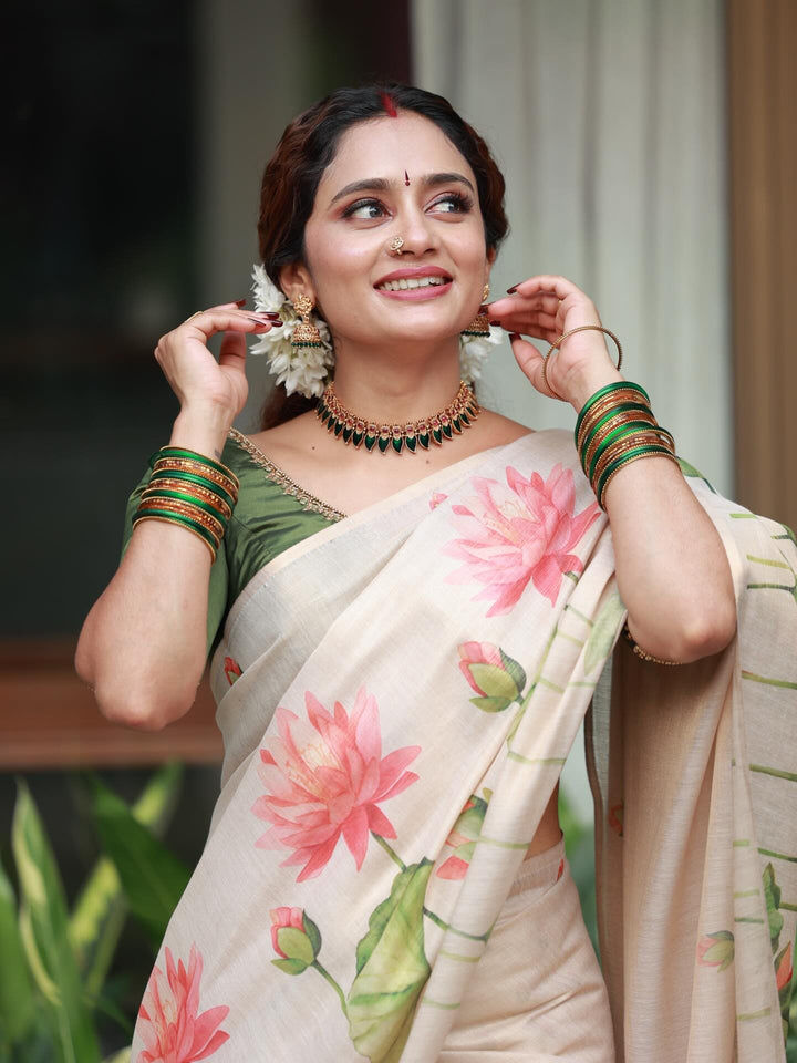 Royal Kasavu Pink Lotus Print Saree with Shimmer Zari Weave, Statement Pallu & Tassels on Edges