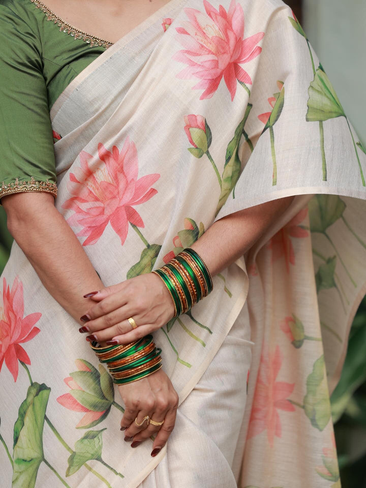 Royal Kasavu Pink Lotus Print Saree with Shimmer Zari Weave, Statement Pallu & Tassels on Edges