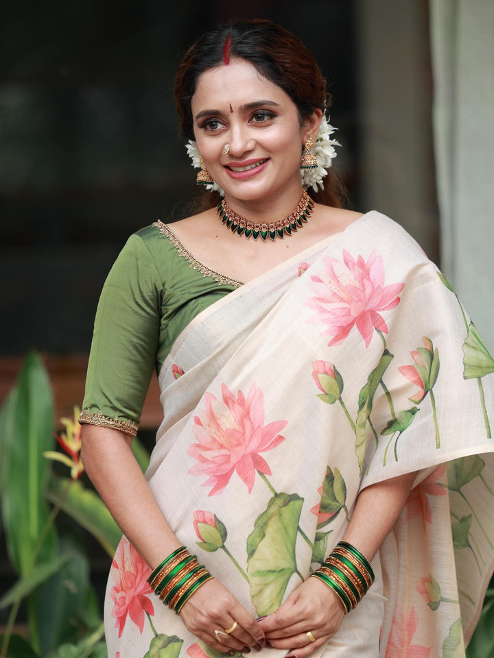 Royal Kasavu Pink Lotus Print Saree with Shimmer Zari Weave, Statement Pallu & Tassels on Edges