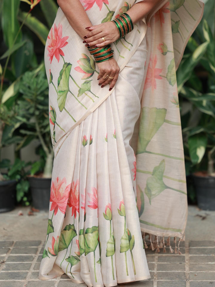 Royal Kasavu Pink Lotus Print Saree with Shimmer Zari Weave, Statement Pallu & Tassels on Edges