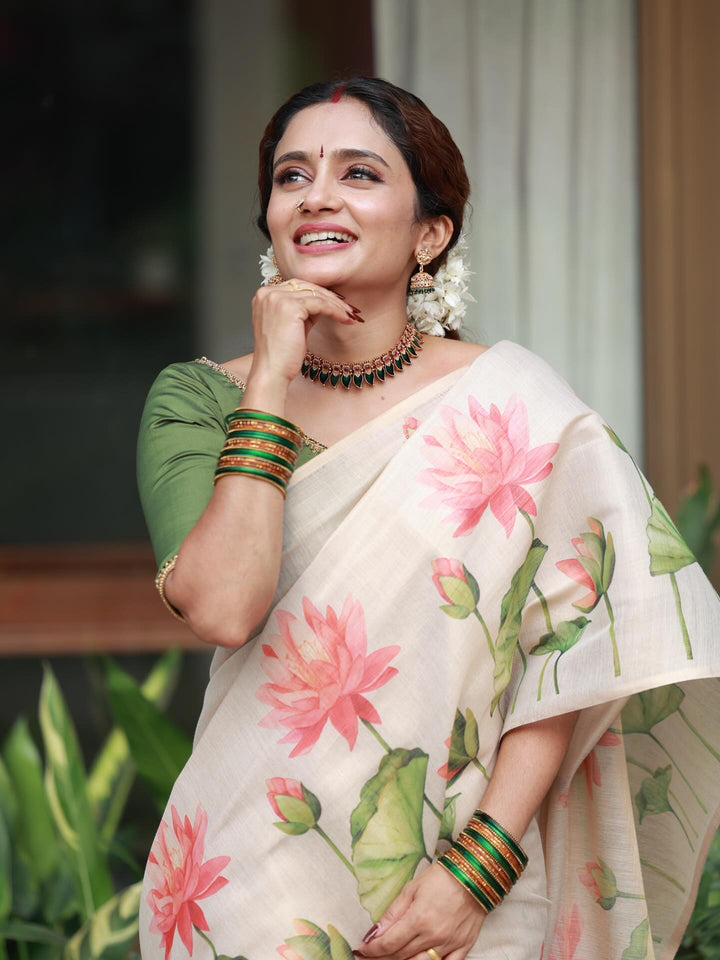 Royal Kasavu Pink Lotus Print Saree with Shimmer Zari Weave, Statement Pallu & Tassels on Edges
