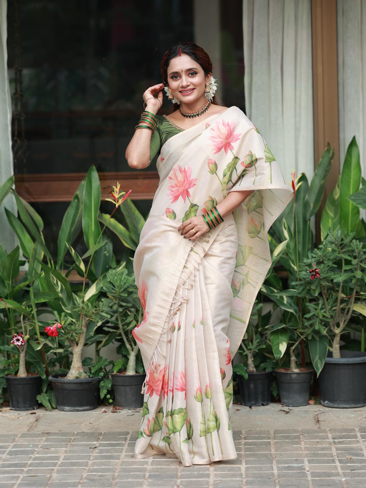 Royal Kasavu Pink Lotus Print Saree with Shimmer Zari Weave, Statement Pallu & Tassels on Edges