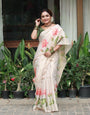 Royal Kasavu Pink Lotus Print Saree with Shimmer Zari Weave, Statement Pallu & Tassels on Edges