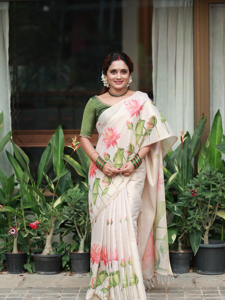 Royal Kasavu Pink Lotus Print Saree with Shimmer Zari Weave, Statement Pallu & Tassels on Edges