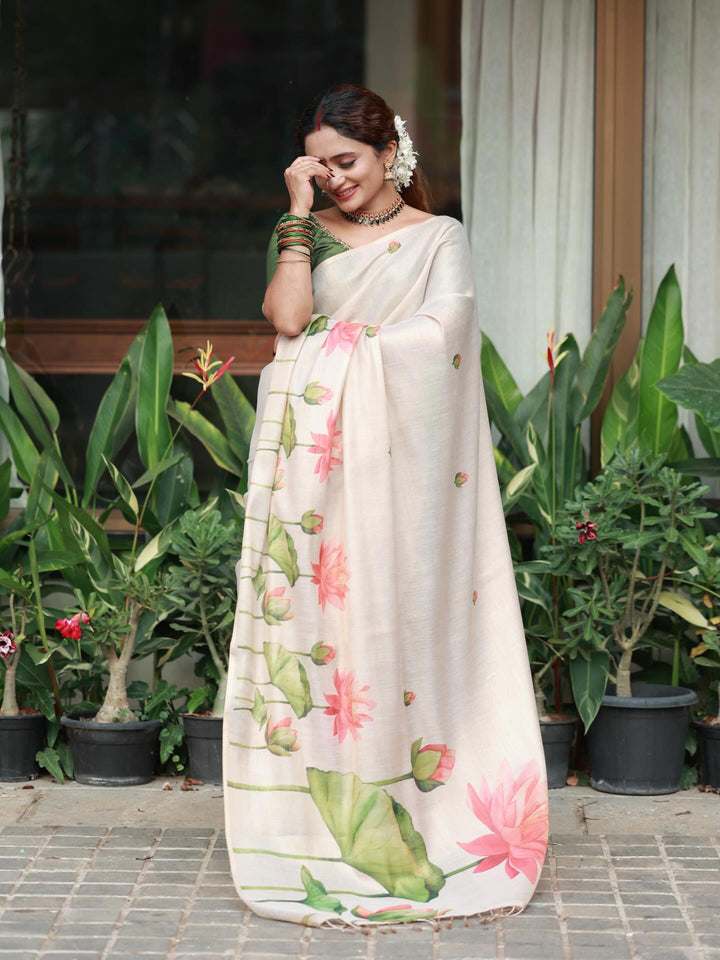 Royal Kasavu Pink Lotus Print Saree with Shimmer Zari Weave, Statement Pallu & Tassels on Edges