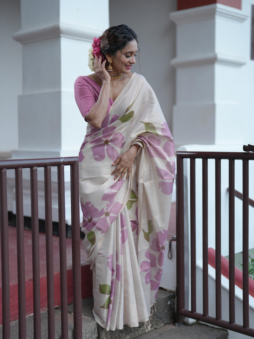 Royal Kasavu Mauve Floral Print Saree with Shimmer Zari Weave, Statement Pallu & Tassels on Edges