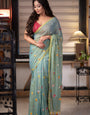 Sage Green Mul Cotton Saree with Multicolour Floral Motifs, Contrast Border & Tassel Pallu