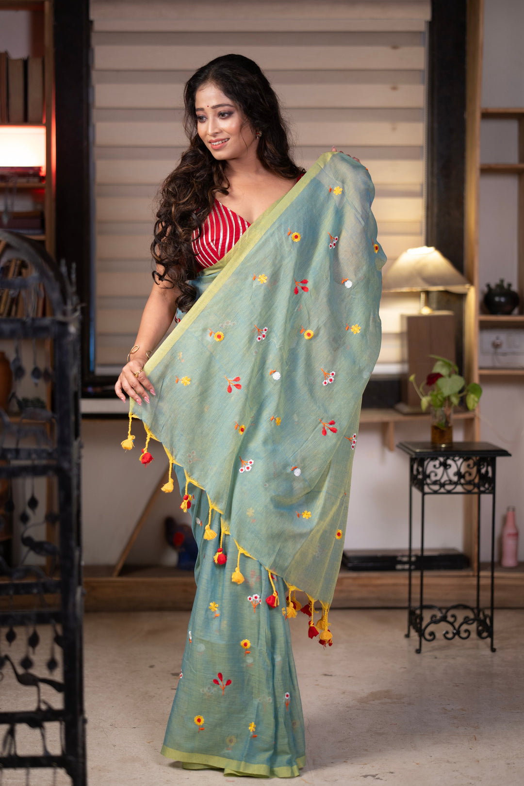 Sage Green Mul Cotton Saree with Multicolour Floral Motifs, Contrast Border & Tassel Pallu