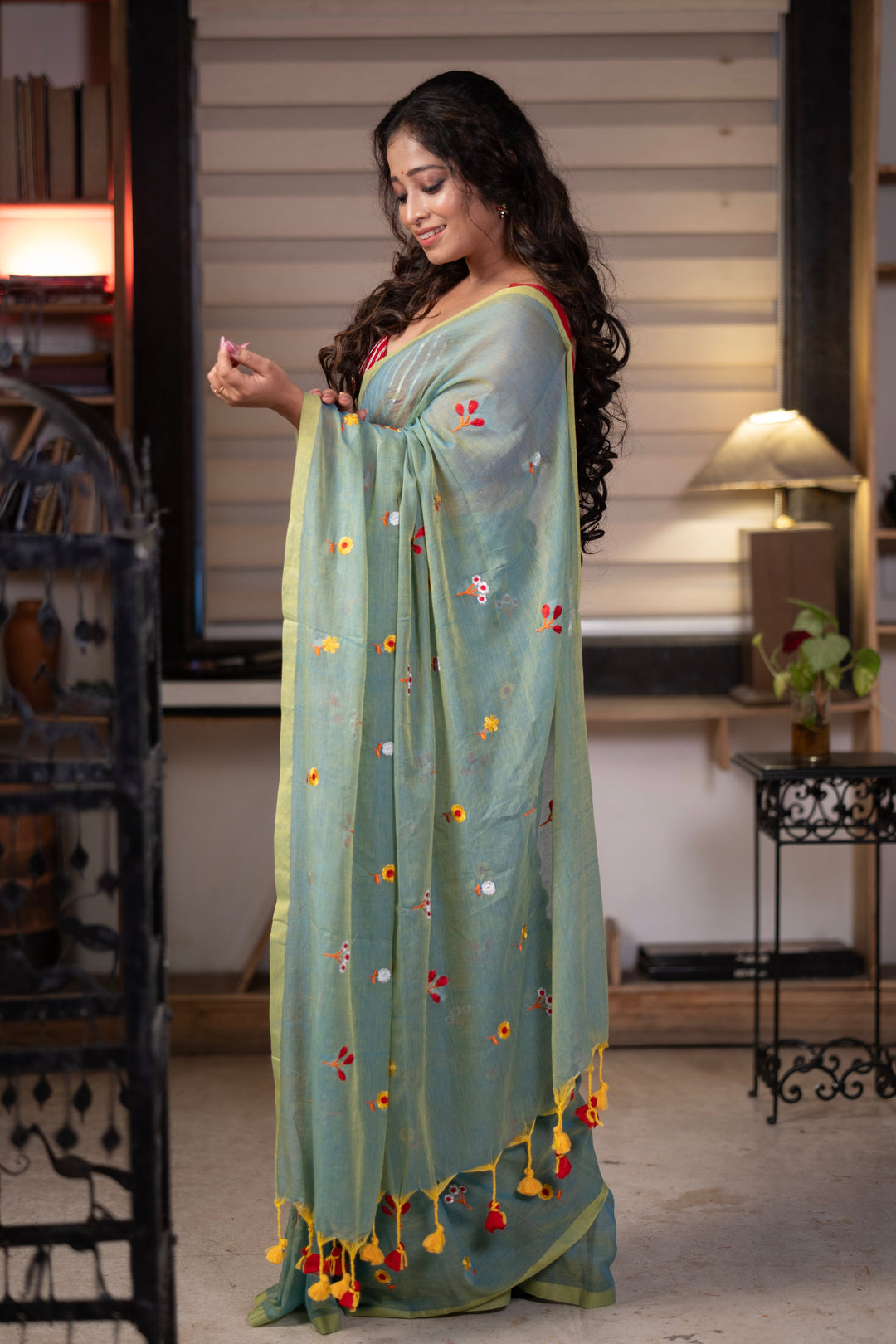Sage Green Mul Cotton Saree with Multicolour Floral Motifs, Contrast Border & Tassel Pallu