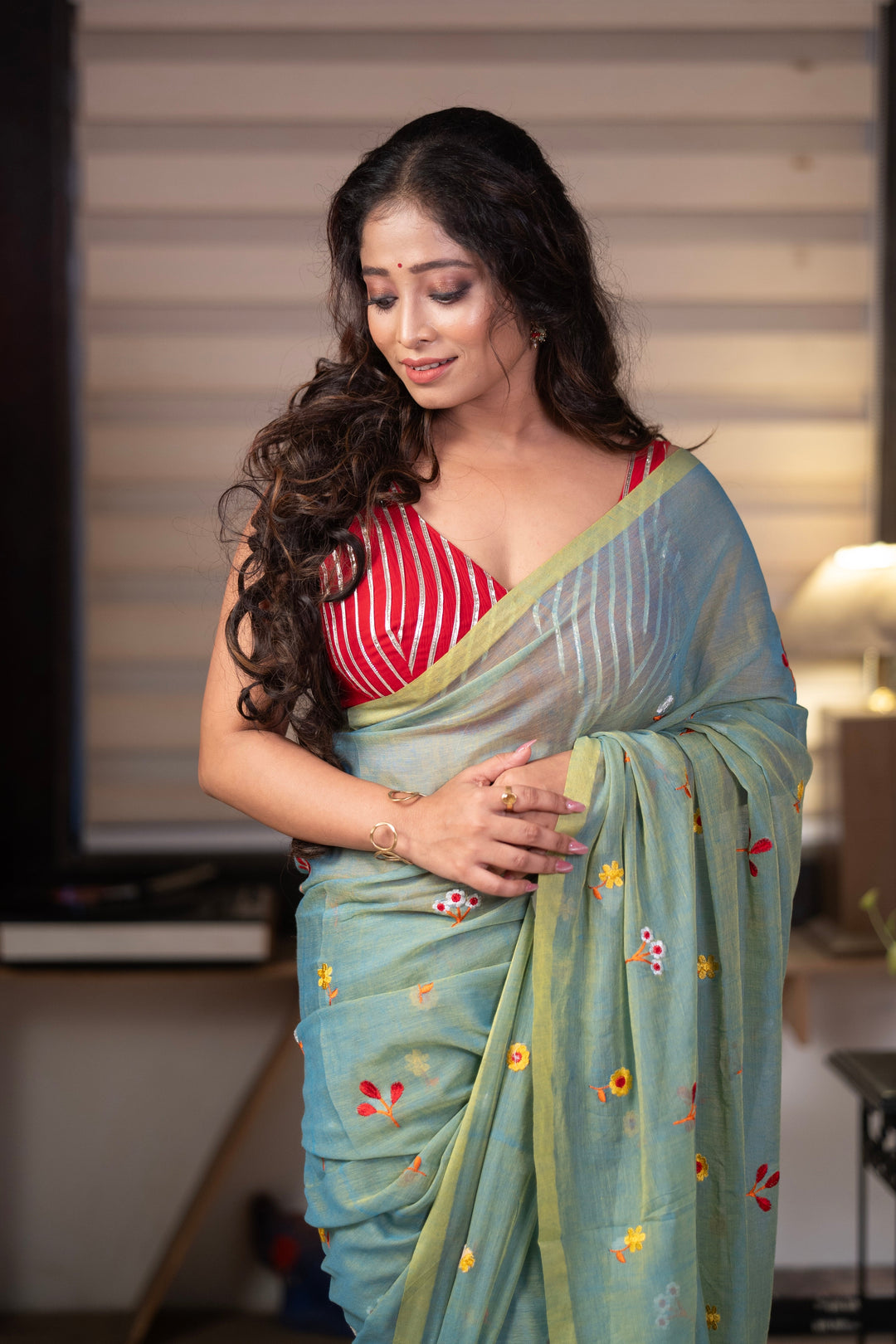 Sage Green Mul Cotton Saree with Multicolour Floral Motifs, Contrast Border & Tassel Pallu