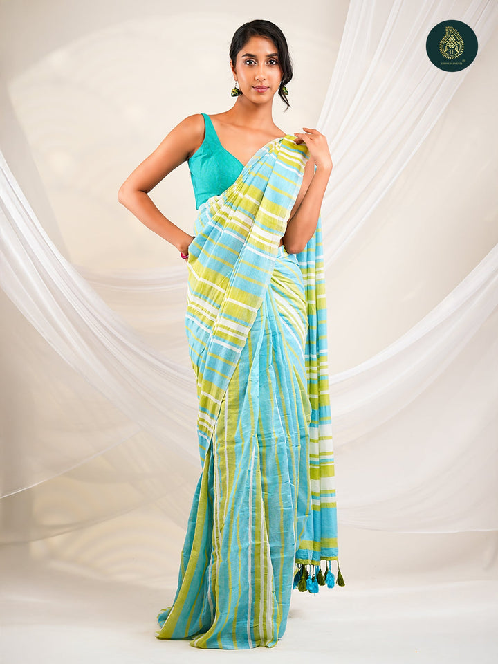 Aqua Blue & Lime Green Striped Mul Cotton Saree with Statement Pallu & Tassels