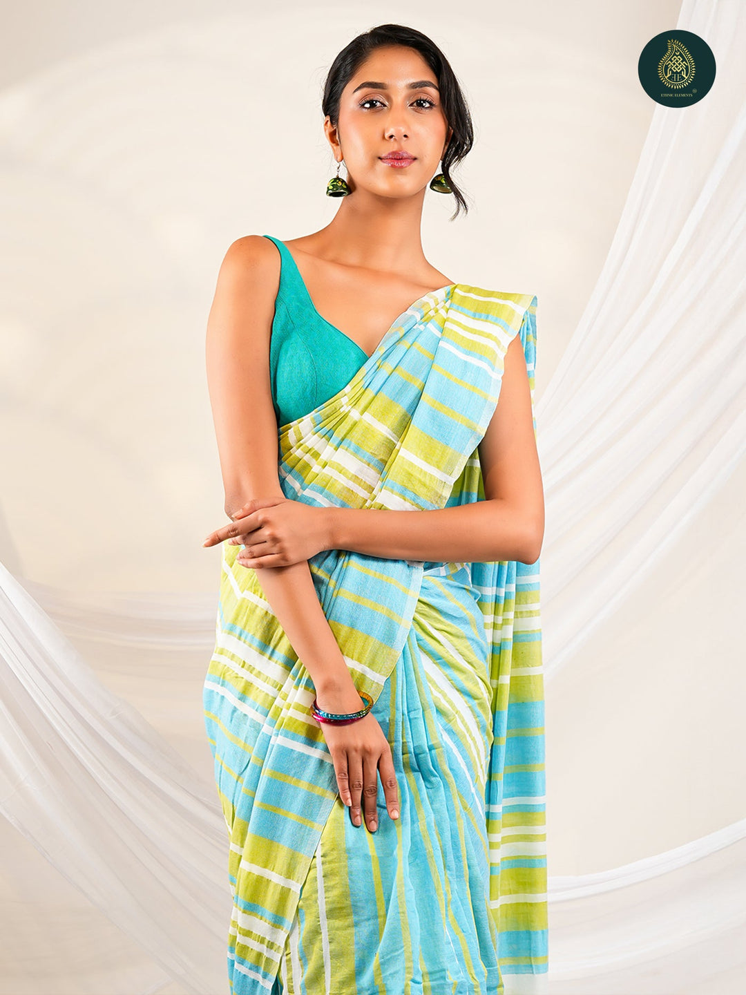 Aqua Blue & Lime Green Striped Mul Cotton Saree with Statement Pallu & Tassels