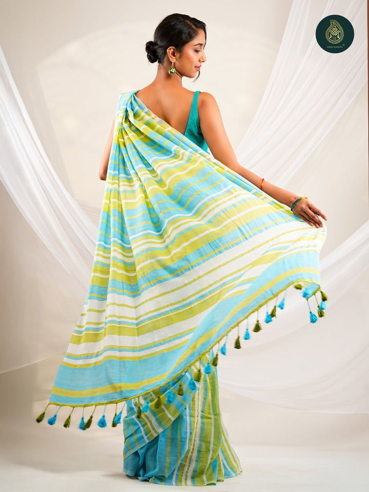 Aqua Blue & Lime Green Striped Mul Cotton Saree with Statement Pallu & Tassels
