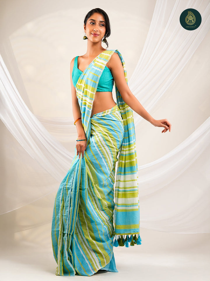 Aqua Blue & Lime Green Striped Mul Cotton Saree with Statement Pallu & Tassels
