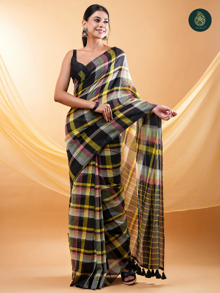 Black Multicolour Checkered Mul Cotton Saree with Statement Pallu & Tassels