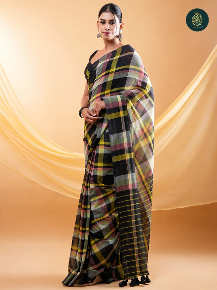 Black Multicolour Checkered Mul Cotton Saree with Statement Pallu & Tassels
