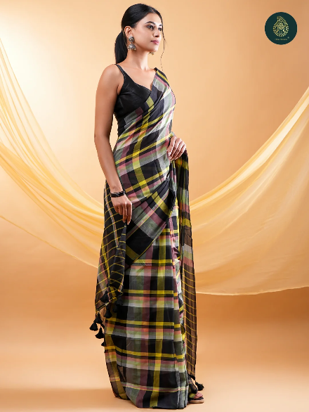 Black Multicolour Checkered Mul Cotton Saree with Statement Pallu & Tassels