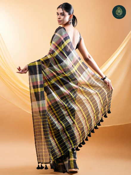 Black Multicolour Checkered Mul Cotton Saree with Statement Pallu & Tassels