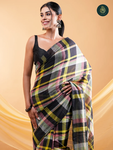 Black Multicolour Checkered Mul Cotton Saree with Statement Pallu & Tassels