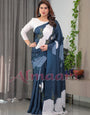 Midnight Blue Satin Georgette White Rose Printed Saree with Attached Blouse – Elegant Designer Saree for Festive & Evening Wear