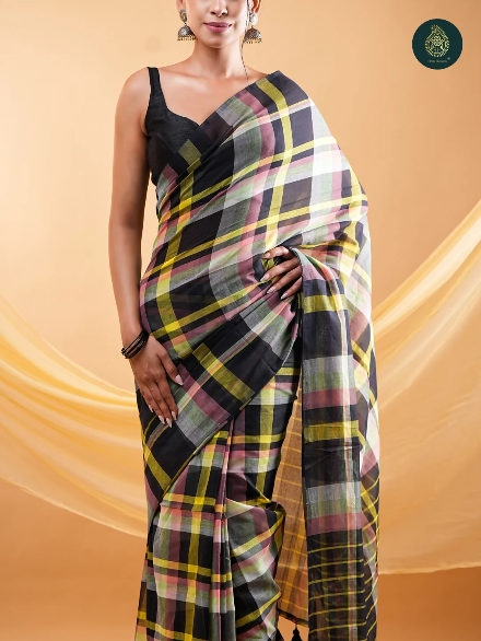 Black Multicolour Checkered Mul Cotton Saree with Statement Pallu & Tassels
