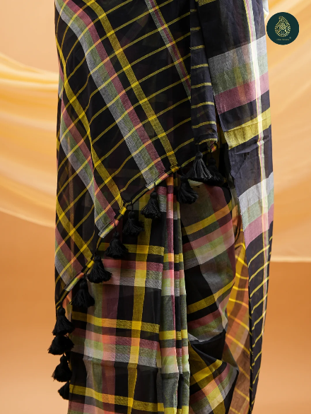 Black Multicolour Checkered Mul Cotton Saree with Statement Pallu & Tassels