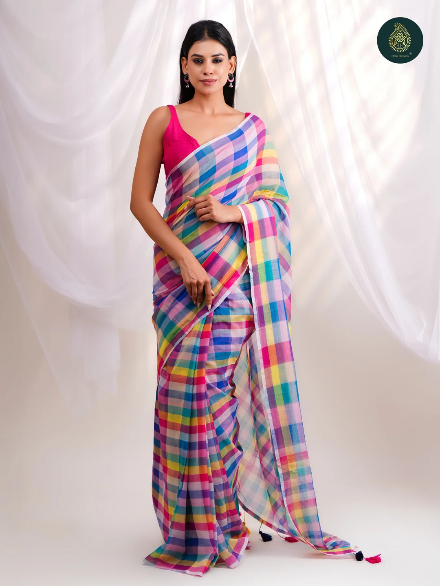 Vibrant Multicolour Checkered Mul Cotton Saree with Statement Pallu & Tassels