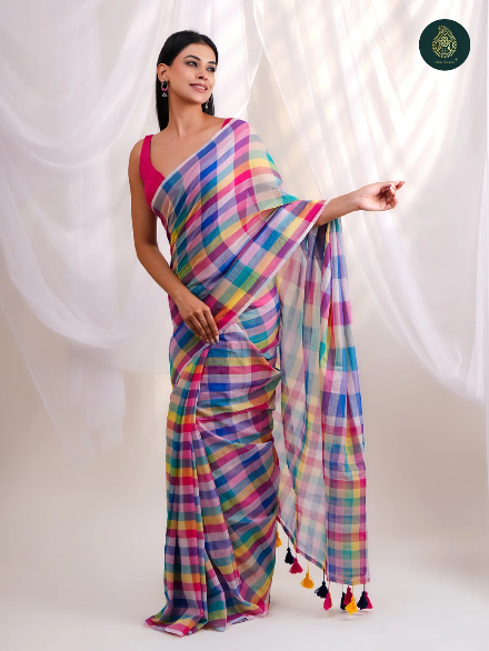 Vibrant Multicolour Checkered Mul Cotton Saree with Statement Pallu & Tassels