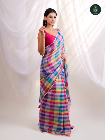 Vibrant Multicolour Checkered Mul Cotton Saree with Statement Pallu & Tassels