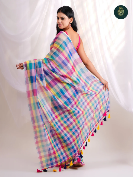 Vibrant Multicolour Checkered Mul Cotton Saree with Statement Pallu & Tassels
