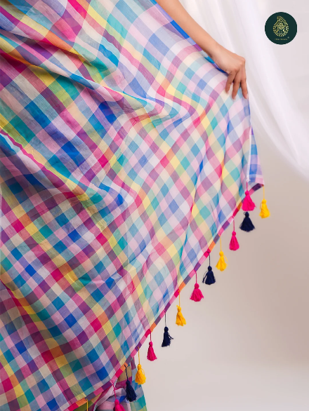 Vibrant Multicolour Checkered Mul Cotton Saree with Statement Pallu & Tassels