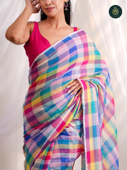 Vibrant Multicolour Checkered Mul Cotton Saree with Statement Pallu & Tassels