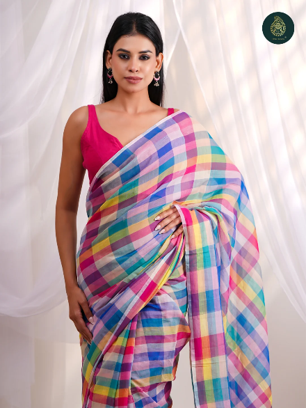 Vibrant Multicolour Checkered Mul Cotton Saree with Statement Pallu & Tassels