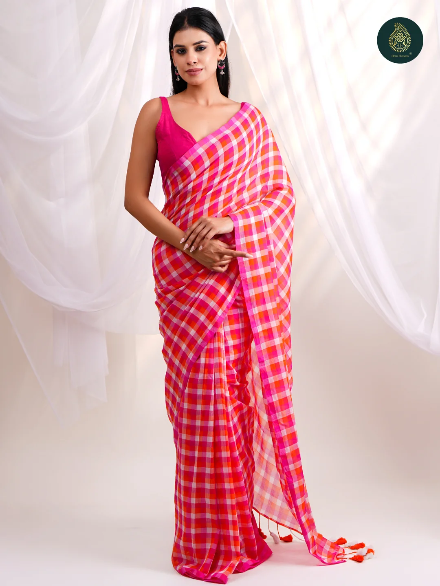 Hot Pink & Orange Checkered Mul Cotton Saree with Tasselled Pallu