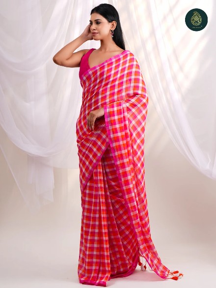 Hot Pink & Orange Checkered Mul Cotton Saree with Tasselled Pallu
