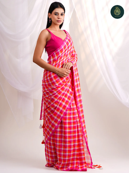 Hot Pink & Orange Checkered Mul Cotton Saree with Tasselled Pallu