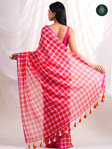 Hot Pink & Orange Checkered Mul Cotton Saree with Tasselled Pallu