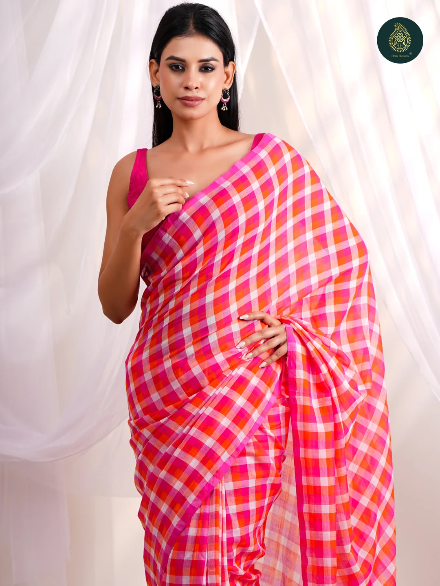 Hot Pink & Orange Checkered Mul Cotton Saree with Tasselled Pallu